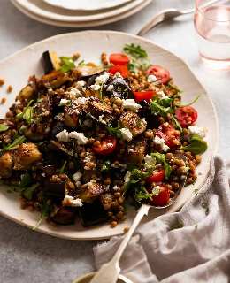 Glazed Eggplant, Peppers, Lentils
