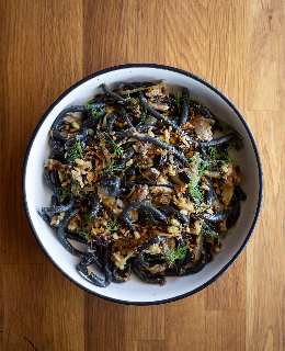 Squid Ink Bucatini, Spring Onion, Anchovy